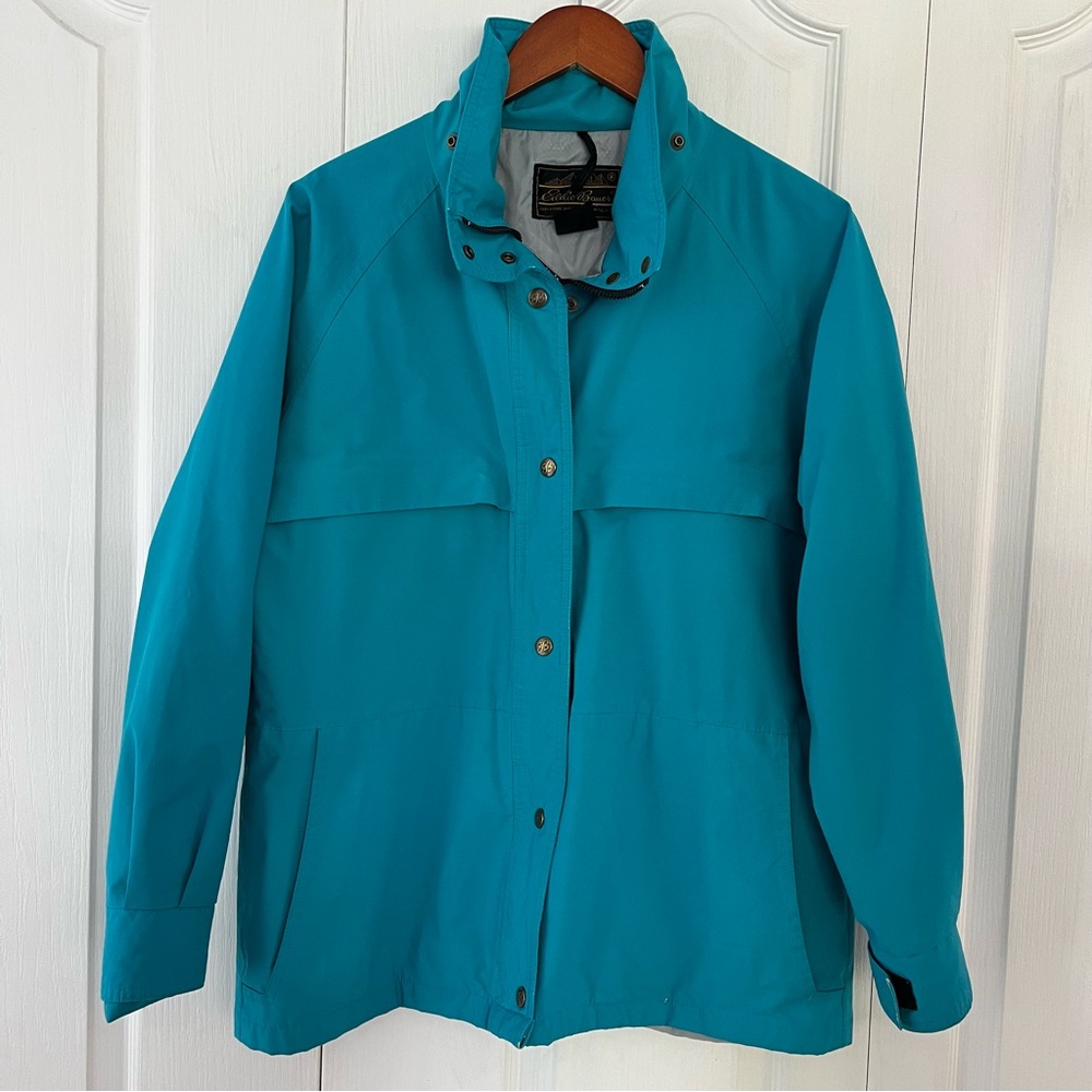 VTG 80s Eddie Bauer Jacket Women L Blue Turquoise Windbreaker Full Zip No Hood